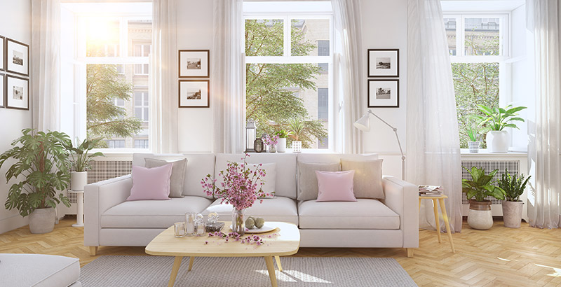 beautiful, clean living room with windows open